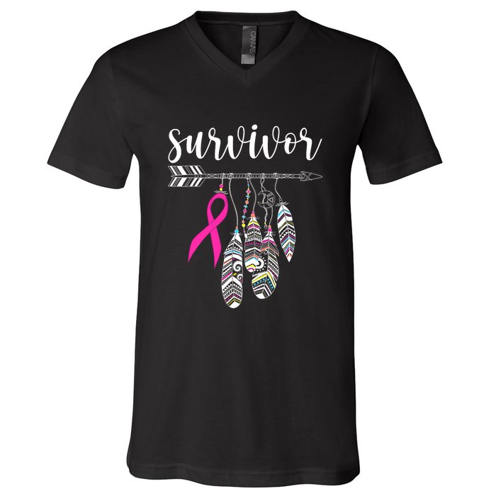 Breast Cancer Survivor Warrior Pink Breast Cancer Ribbon V-Neck T-Shirt