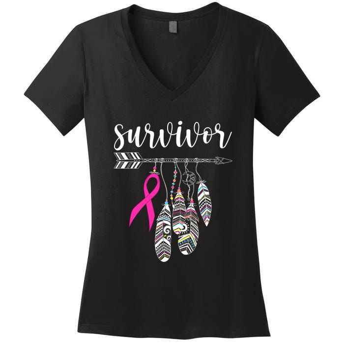 Breast Cancer Survivor Warrior Pink Breast Cancer Ribbon Women's V-Neck T-Shirt