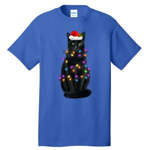 Black Cat Santa Hat Christmas Pajama Lights Cat Lover Xmas Gift Tall T-Shirt