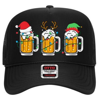 Beer Christmas Santa Reinbeer Xmas Light Xmas Holiday High Crown Mesh Back Trucker Hat