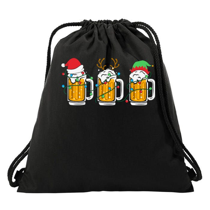 Beer Christmas Santa Reinbeer Xmas Light Xmas Holiday Drawstring Bag