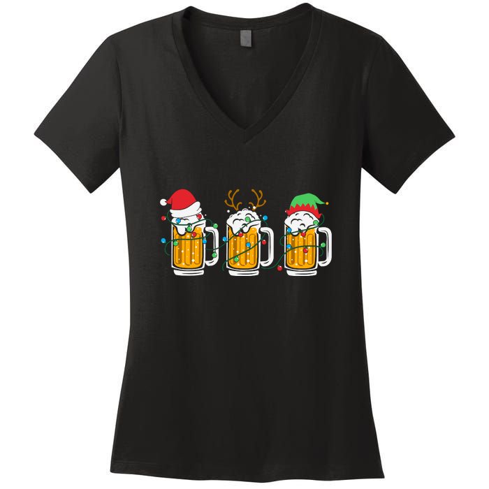 Beer Christmas Santa Reinbeer Xmas Light Xmas Holiday Women's V-Neck T-Shirt