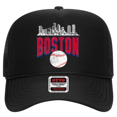 Boston City Skyline Retro Boston Baseball Vintage High Crown Mesh Back Trucker Hat