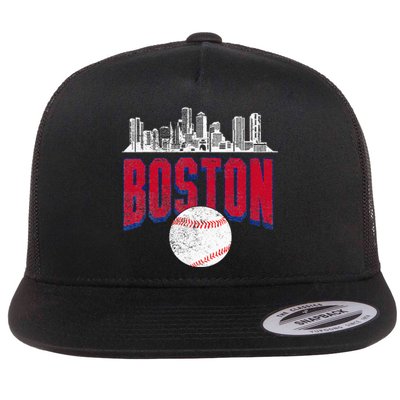 Boston City Skyline Retro Boston Baseball Vintage Flat Bill Trucker Hat