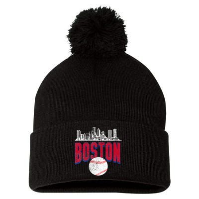 Boston City Skyline Retro Boston Baseball Vintage Pom Pom 12in Knit Beanie