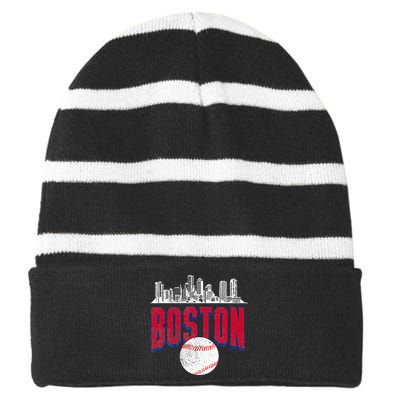 Boston City Skyline Retro Boston Baseball Vintage Striped Beanie with Solid Band