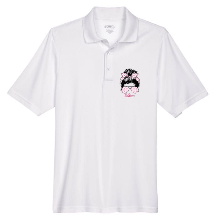 Breast Cancer Survivor Believe Messy Bun Warrior Pink Ribbon Men's Origin Performance Piqué Polo