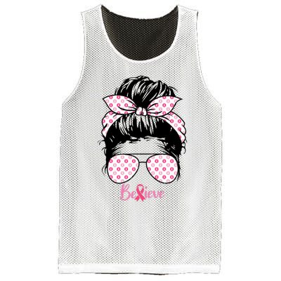 Breast Cancer Survivor Believe Messy Bun Warrior Pink Ribbon Mesh Reversible Basketball Jersey Tank