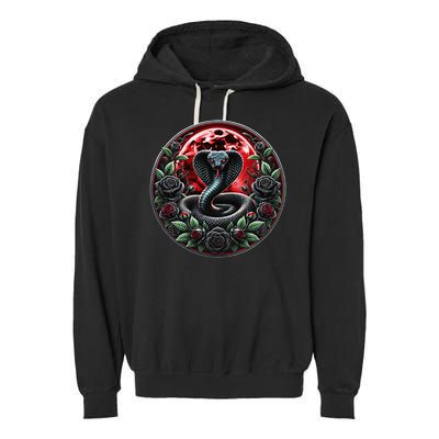 Black Cobra Snake Goth Roses and Red Moon Garment-Dyed Fleece Hoodie