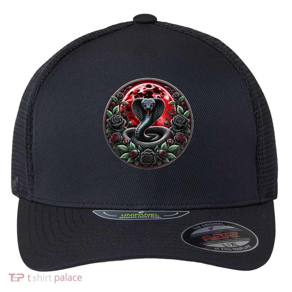 Black Cobra Snake Goth Roses and Red Moon Flexfit Unipanel Trucker Cap