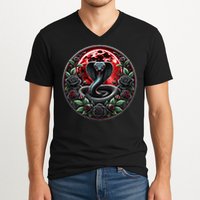 Black Cobra Snake Goth Roses and Red Moon V-Neck T-Shirt