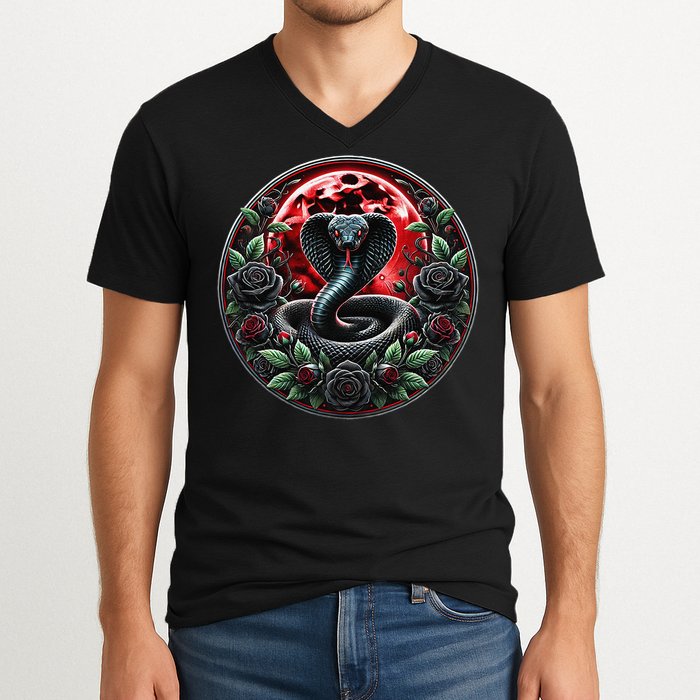 Black Cobra Snake Goth Roses and Red Moon V-Neck T-Shirt