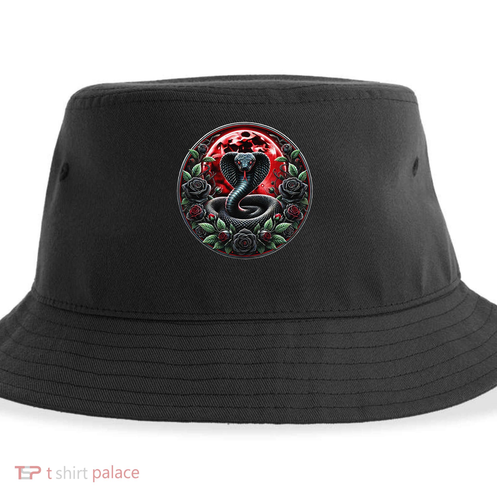 Black Cobra Snake Goth Roses and Red Moon Sustainable Bucket Hat