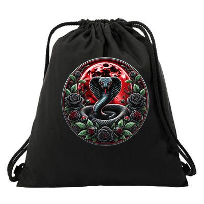 Black Cobra Snake Goth Roses and Red Moon Drawstring Bag