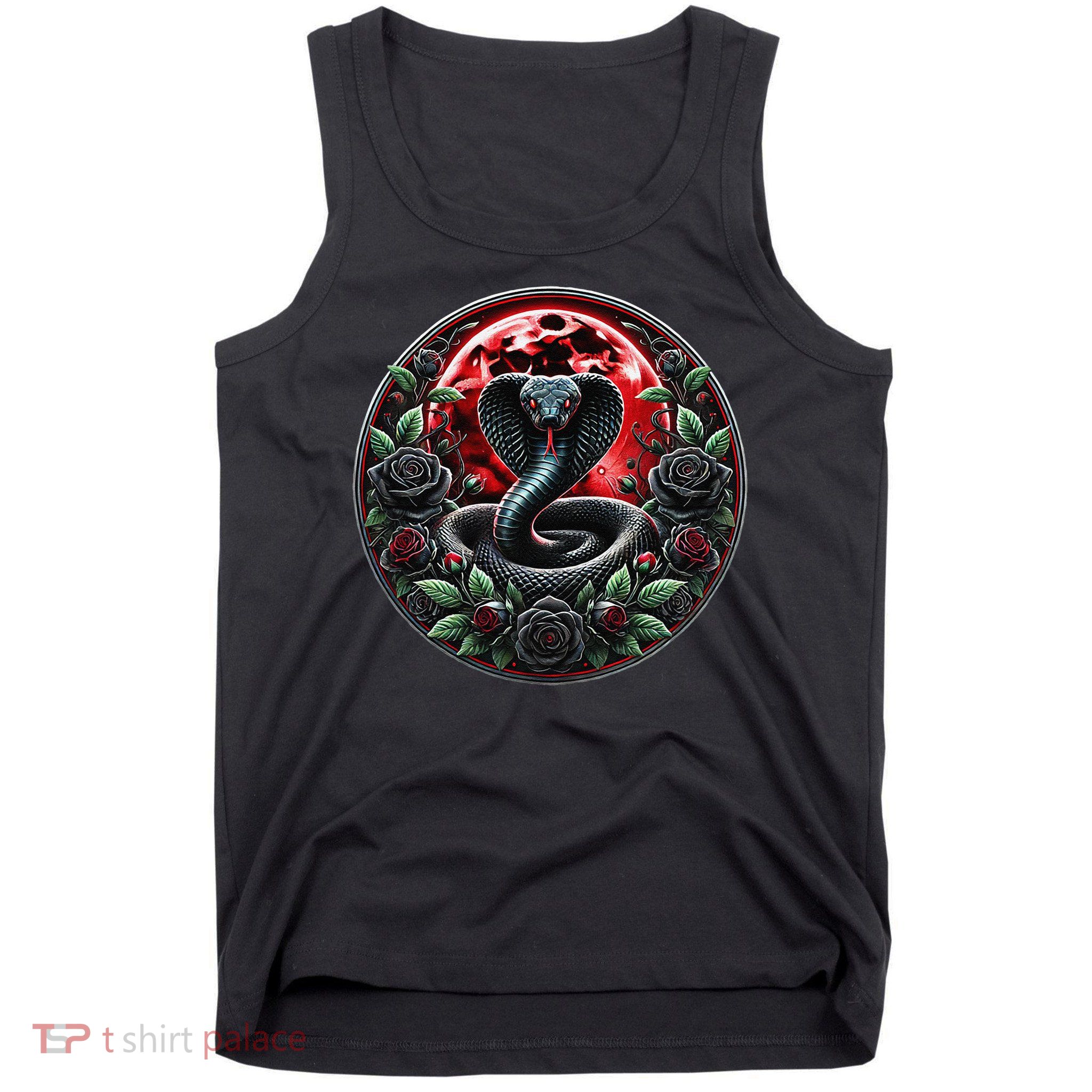 Black Cobra Snake Goth Roses and Red Moon Tank Top