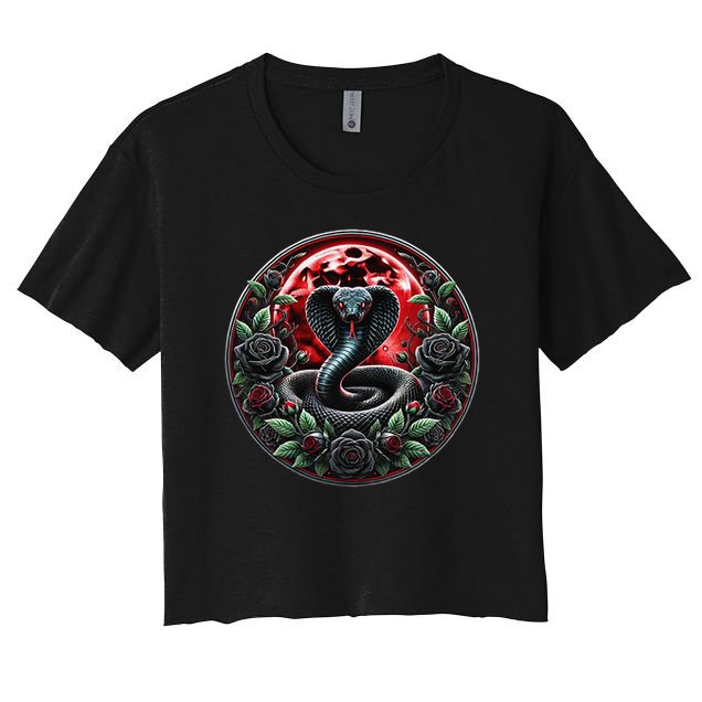 Black Cobra Snake Goth Roses and Red Moon Crop Top