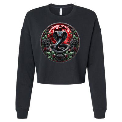 Black Cobra Snake Goth Roses and Red Moon Cropped Pullover Crew