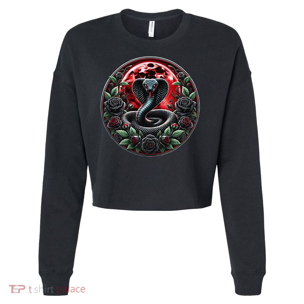 Black Cobra Snake Goth Roses and Red Moon Cropped Pullover Crew