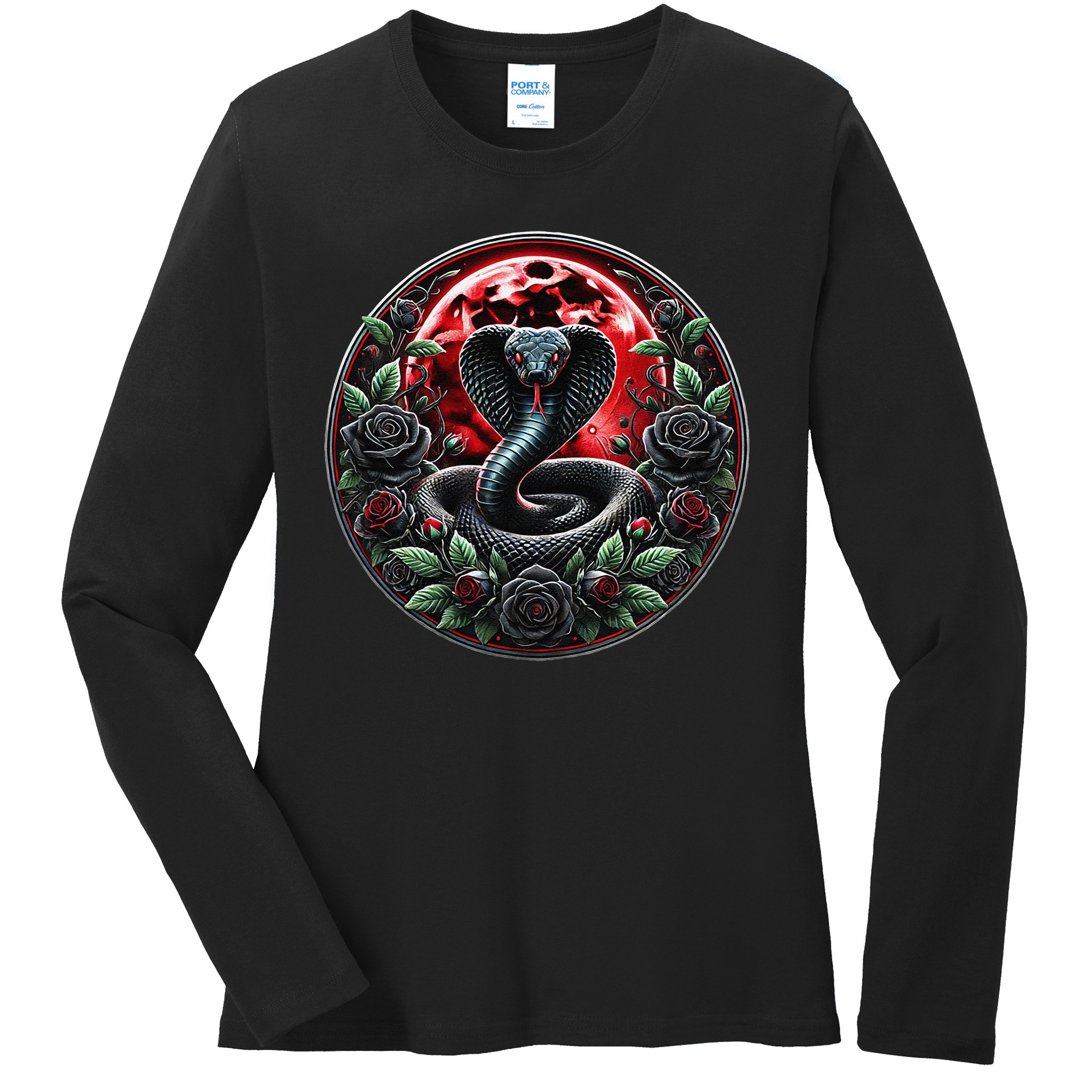 Black Cobra Snake Goth Roses and Red Moon Ladies Long Sleeve Shirt