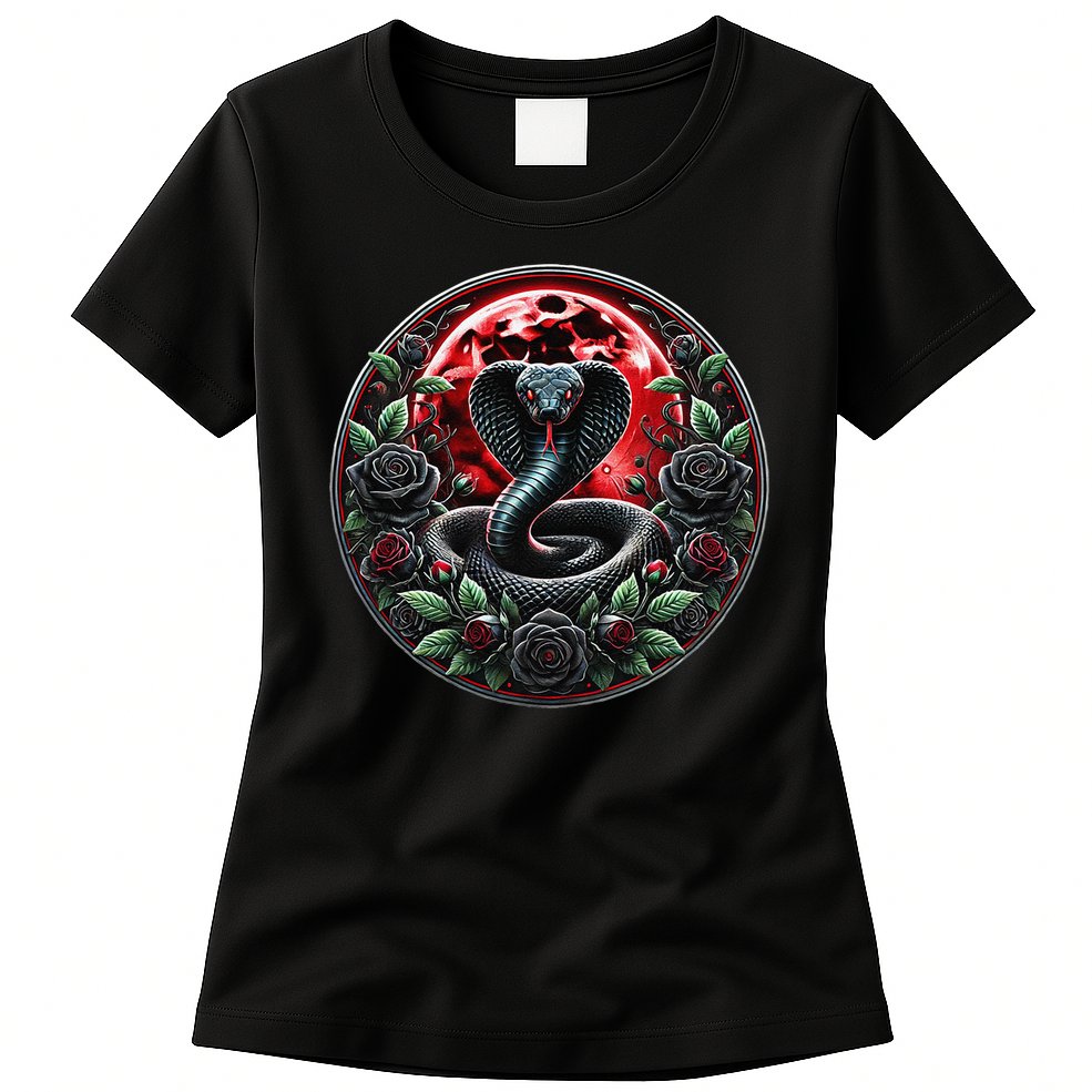 Black Cobra Snake Goth Roses and Red Moon Womens T-Shirt