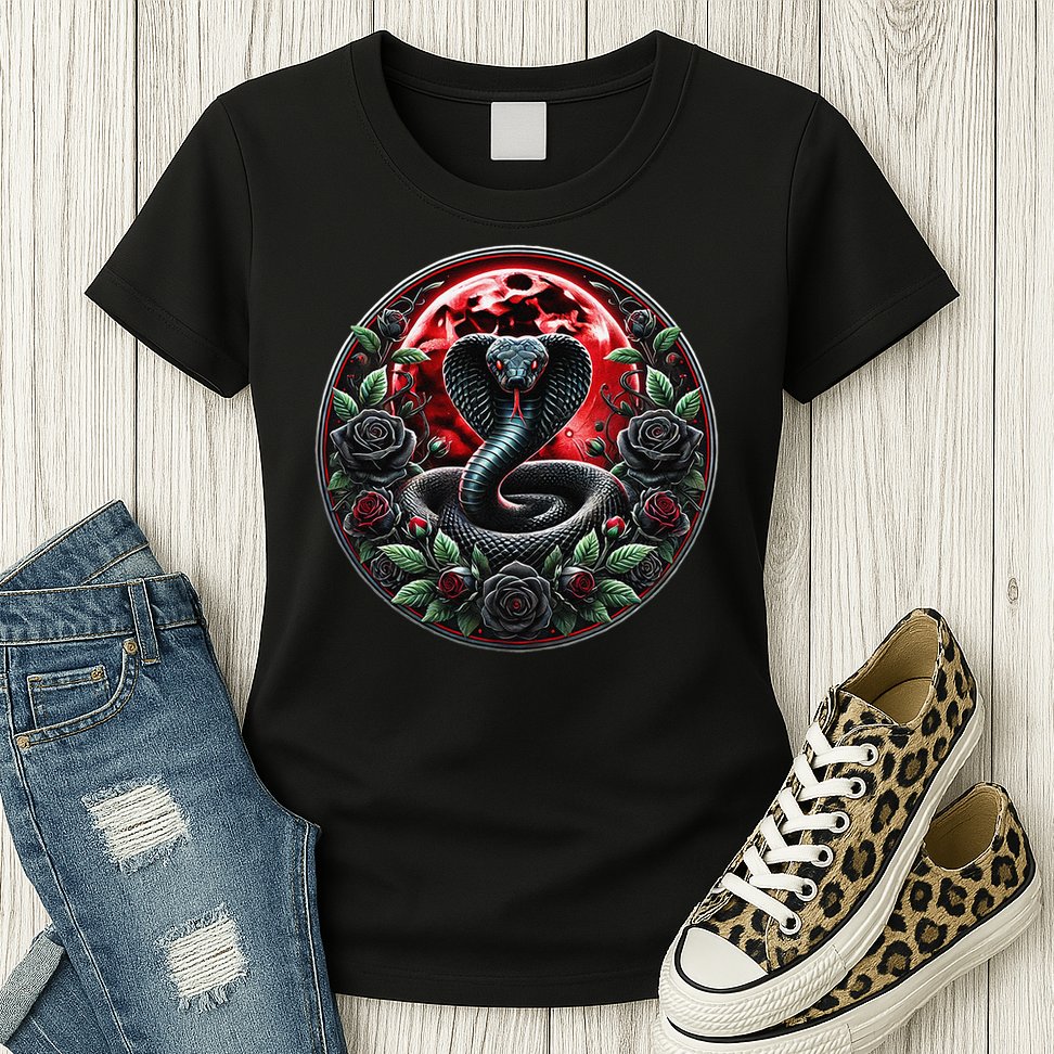 Black Cobra Snake Goth Roses and Red Moon Womens T-Shirt