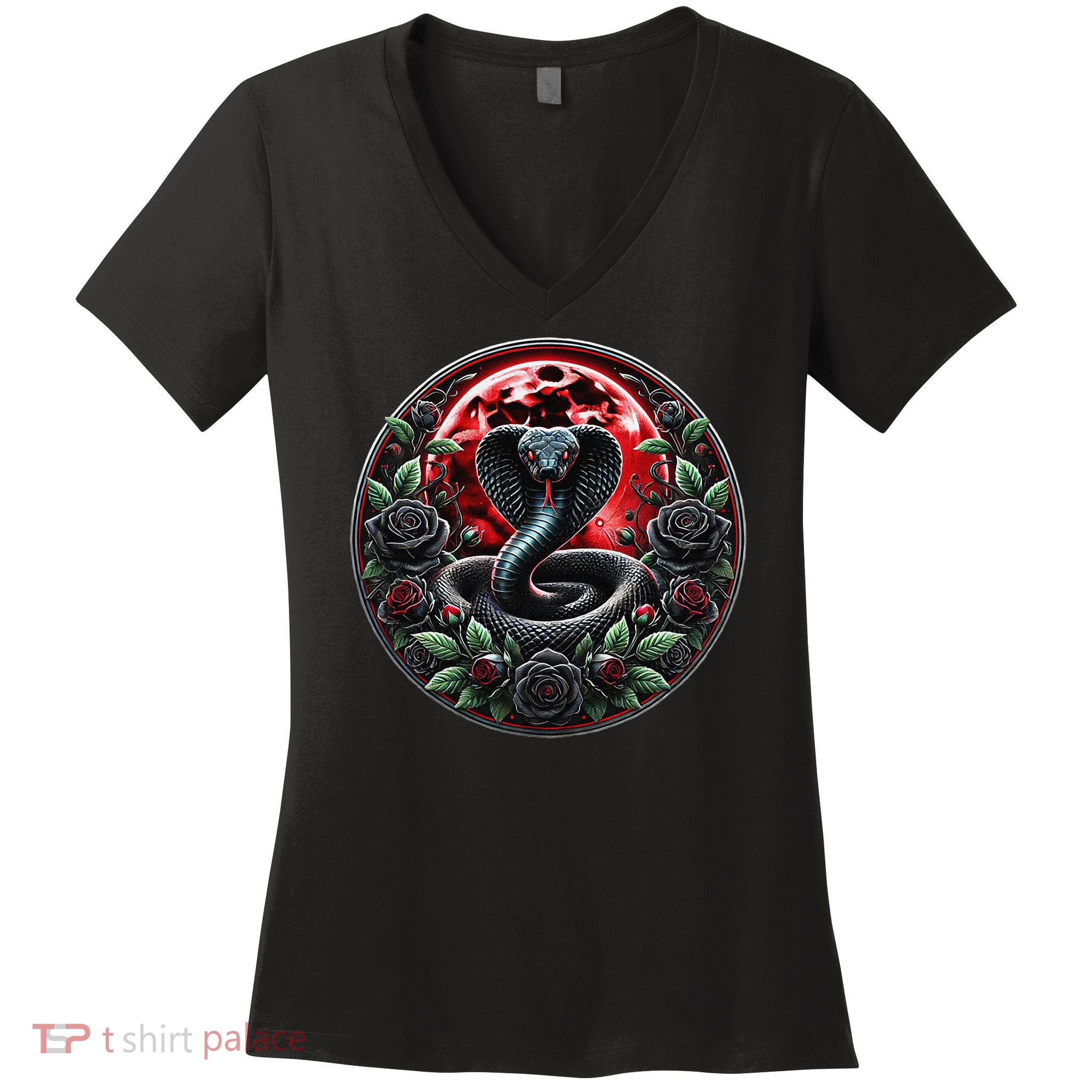 Black Cobra Snake Goth Roses and Red Moon Women's V-Neck T-Shirt