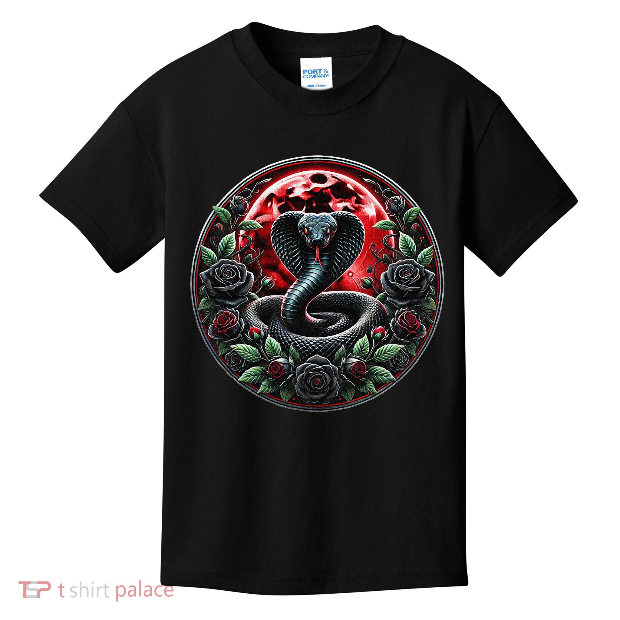 Black Cobra Snake Goth Roses and Red Moon Kids T-Shirt