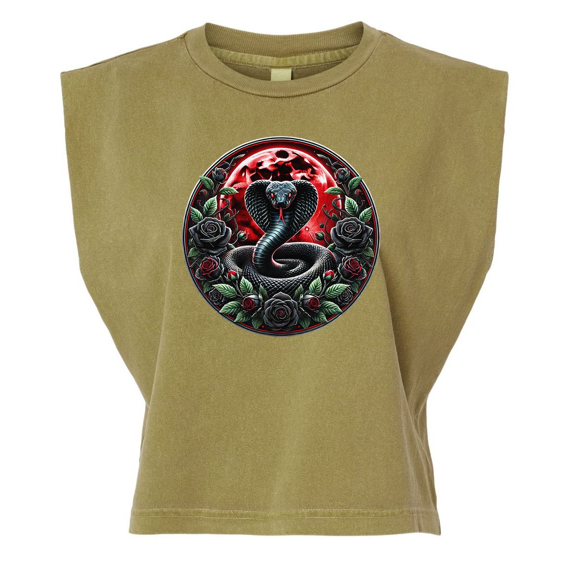 Black Cobra Snake Goth Roses and Red Moon Garment-Dyed Women's Muscle Tee