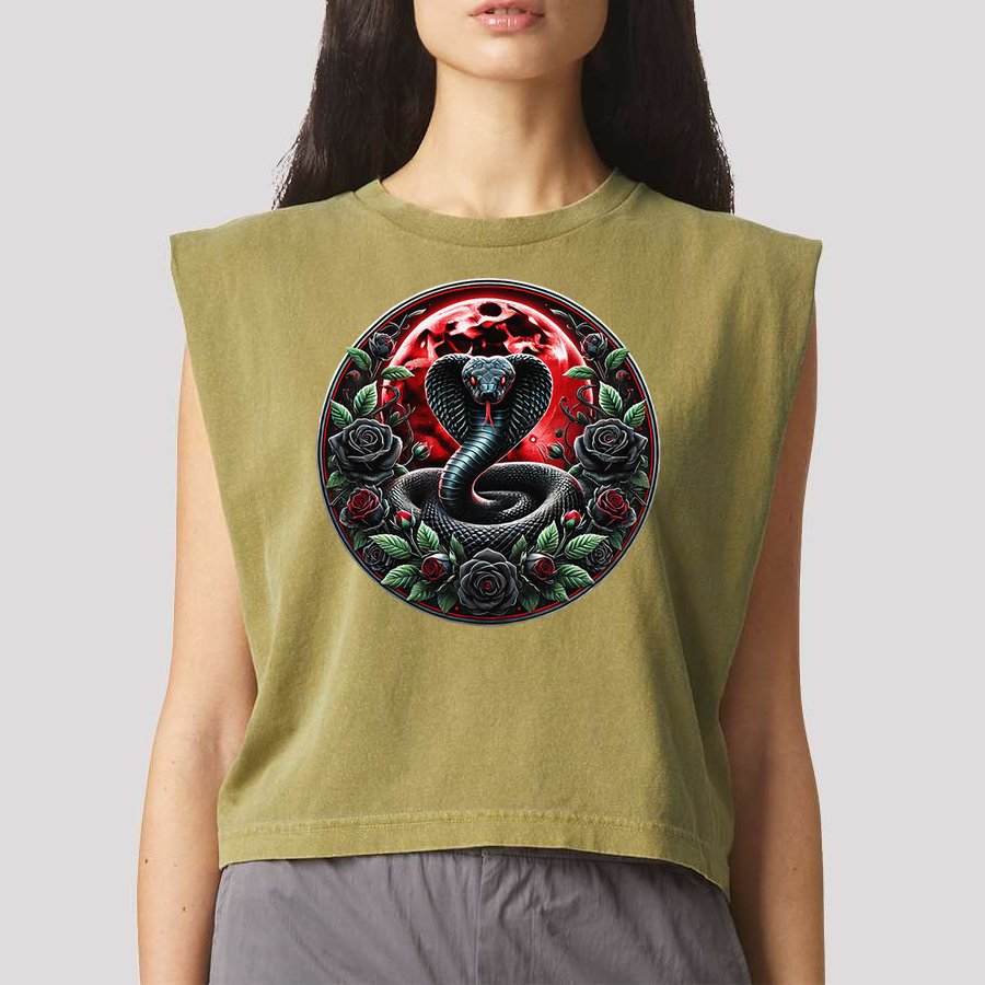Black Cobra Snake Goth Roses and Red Moon Garment-Dyed Women's Muscle Tee