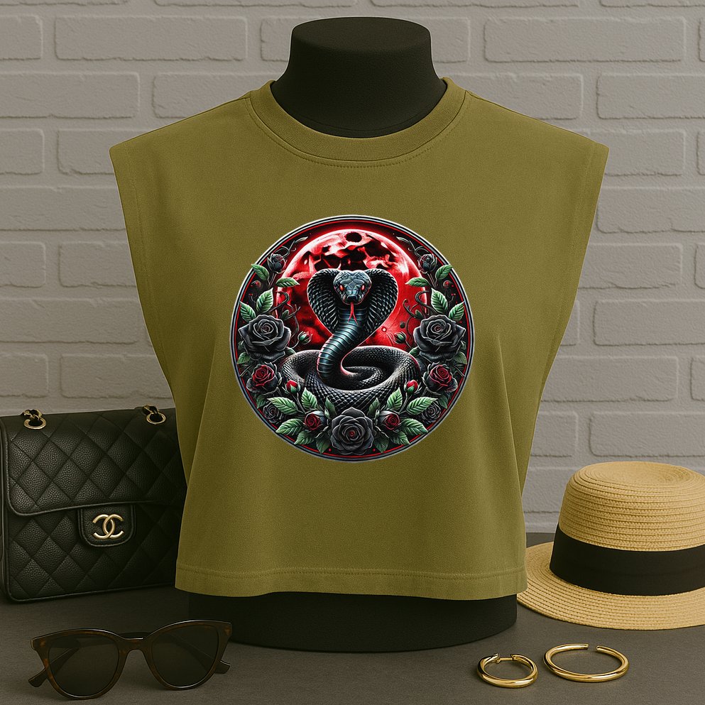 Black Cobra Snake Goth Roses and Red Moon Garment-Dyed Women's Muscle Tee