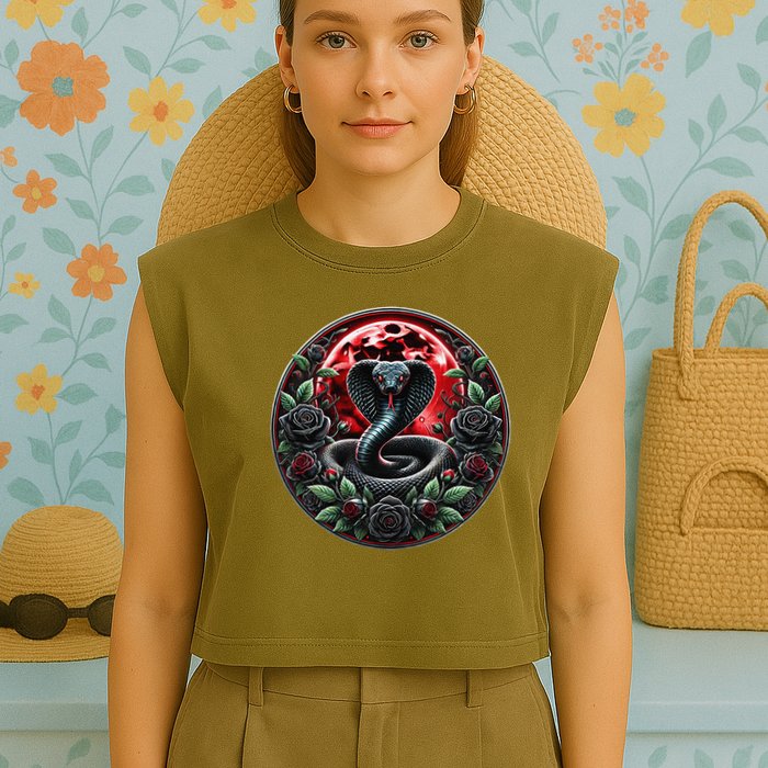 Black Cobra Snake Goth Roses and Red Moon Garment-Dyed Women's Muscle Tee