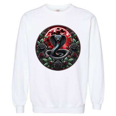 Black Cobra Snake Goth Roses and Red Moon Garment-Dyed Sweatshirt