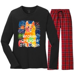 Broken Crayons Still Color Cat Teacher Women's Long Sleeve Flannel Pajama Set 