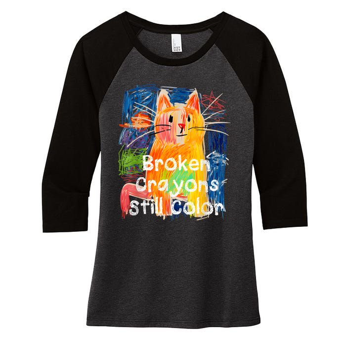 Broken Crayons Still Color Cat Teacher Women's Tri-Blend 3/4-Sleeve Raglan Shirt