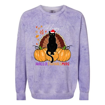 Black Cat Santa Hat Happy Hallothanksmas Pumpkin Season Colorblast Crewneck Sweatshirt