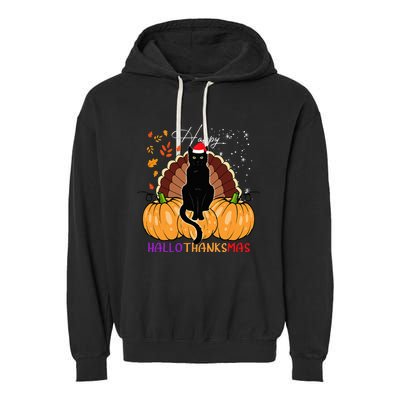 Black Cat Santa Hat Happy Hallothanksmas Pumpkin Season Garment-Dyed Fleece Hoodie