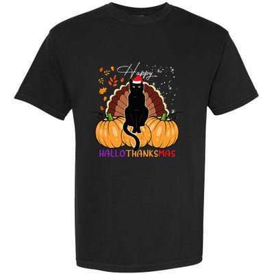 Black Cat Santa Hat Happy Hallothanksmas Pumpkin Season Garment-Dyed Heavyweight T-Shirt