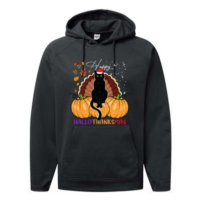 Black Cat Santa Hat Happy Hallothanksmas Pumpkin Season Performance Fleece Hoodie