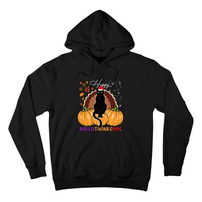 Black Cat Santa Hat Happy Hallothanksmas Pumpkin Season Hoodie