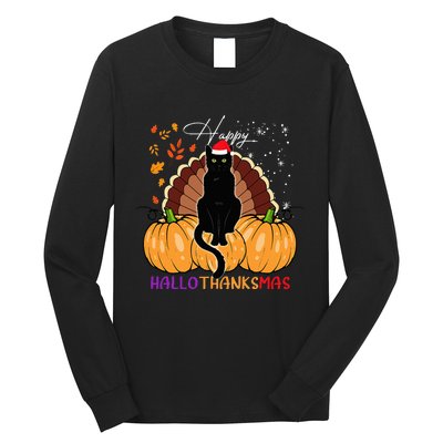 Black Cat Santa Hat Happy Hallothanksmas Pumpkin Season Long Sleeve Shirt