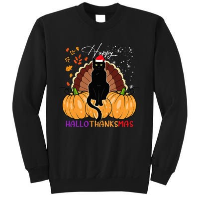 Black Cat Santa Hat Happy Hallothanksmas Pumpkin Season Sweatshirt