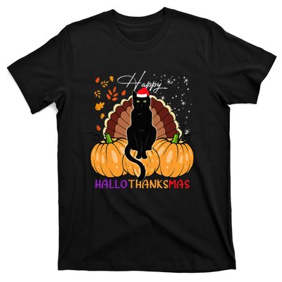 Black Cat Santa Hat Happy Hallothanksmas Pumpkin Season T-Shirt