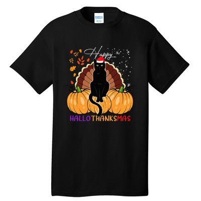 Black Cat Santa Hat Happy Hallothanksmas Pumpkin Season Tall T-Shirt