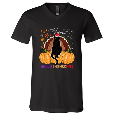 Black Cat Santa Hat Happy Hallothanksmas Pumpkin Season V-Neck T-Shirt