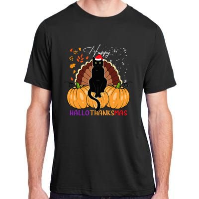 Black Cat Santa Hat Happy Hallothanksmas Pumpkin Season Adult ChromaSoft Performance T-Shirt