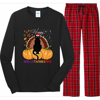 Black Cat Santa Hat Happy Hallothanksmas Pumpkin Season Long Sleeve Pajama Set