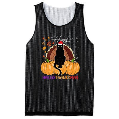 Black Cat Santa Hat Happy Hallothanksmas Pumpkin Season Mesh Reversible Basketball Jersey Tank