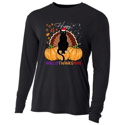 Black Cat Santa Hat Happy Hallothanksmas Pumpkin Season Cooling Performance Long Sleeve Crew