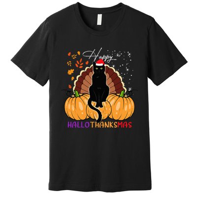 Black Cat Santa Hat Happy Hallothanksmas Pumpkin Season Premium T-Shirt