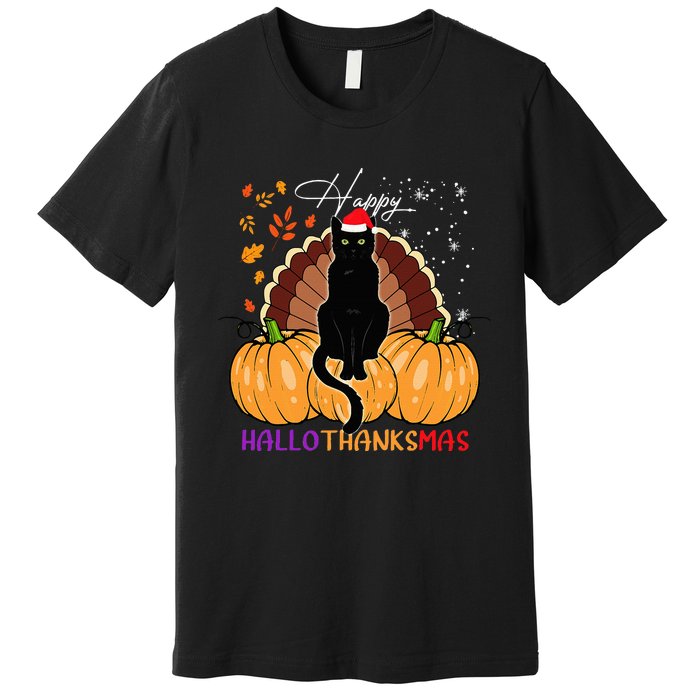 Black Cat Santa Hat Happy Hallothanksmas Pumpkin Season Premium T-Shirt